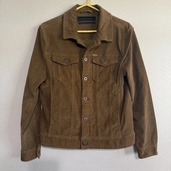 Zara Mens Trucker Corduroy Jacket Brown Button Front Casual Size Small Tan Camel - Picture 3 of 12